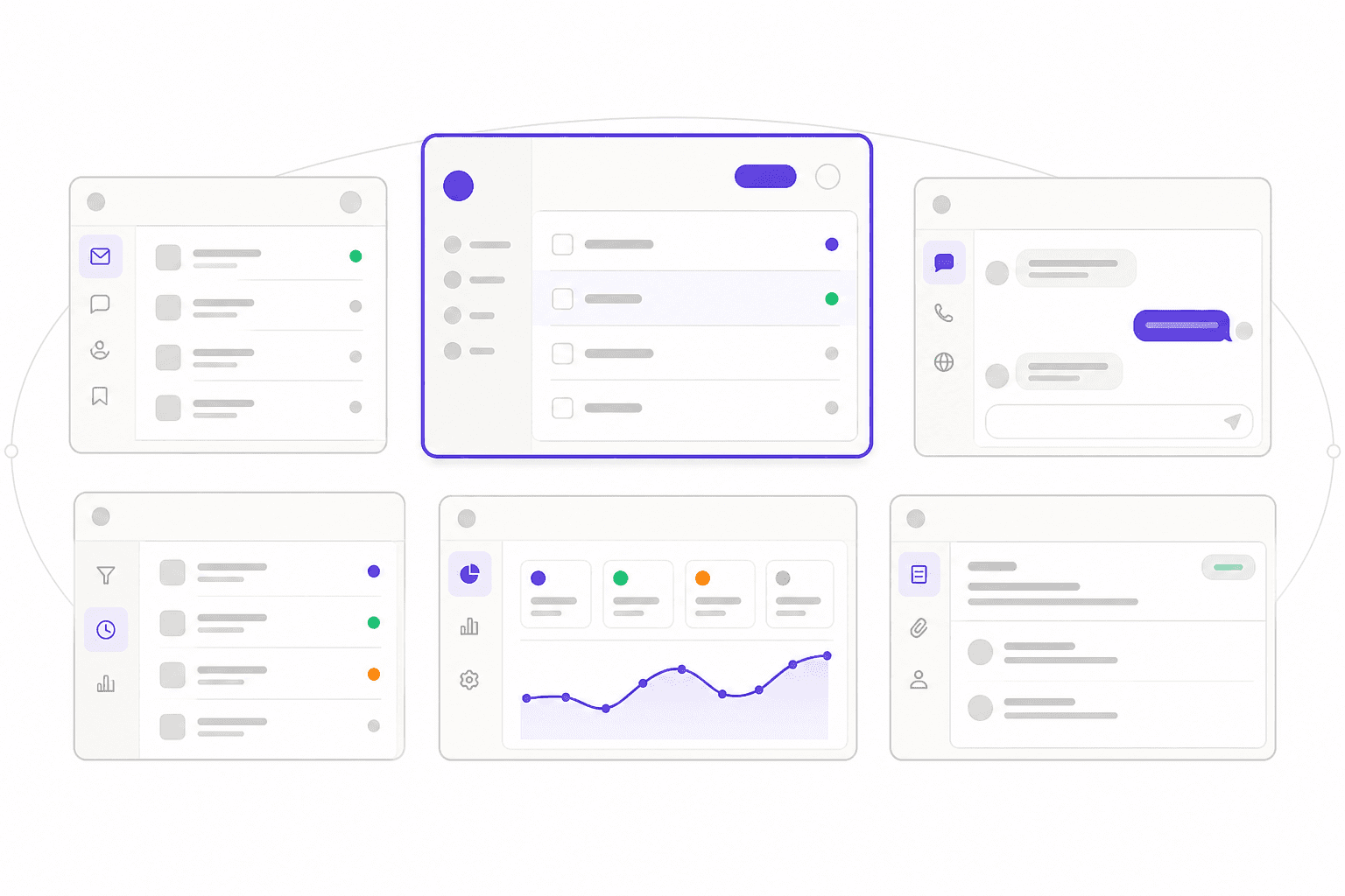 Seis cartões de interface de helpdesk representando alternativas ao Freshdesk para PMEs
