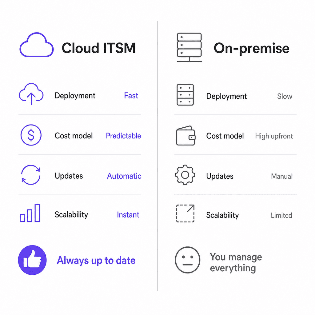 Cloud ITSM vs on-premise ITSM side-by-side comparison showing deployment, cost, updates, and scalability differences