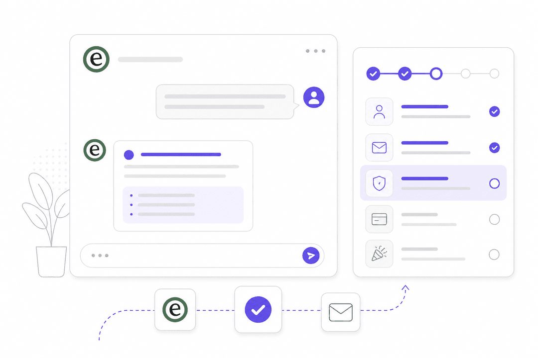 Interface d'IA pour le support à l'intégration client montrant un panneau de chat guidant un nouveau client à travers les étapes de configuration