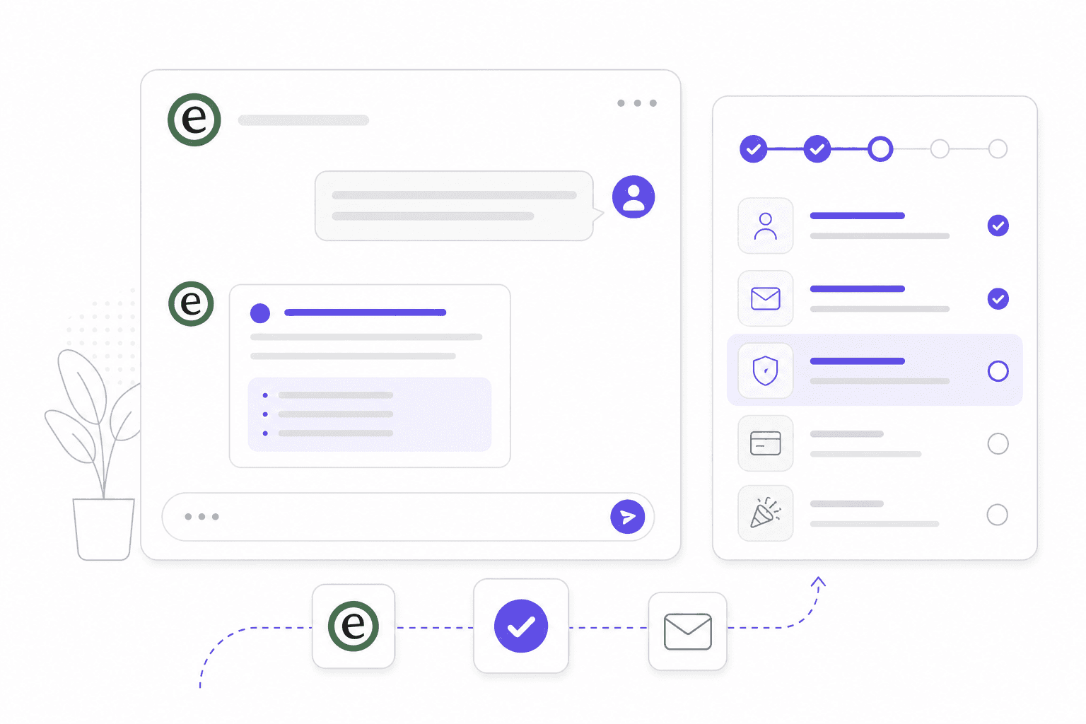 Interface d'IA pour le support à l'intégration client montrant un panneau de chat guidant un nouveau client à travers les étapes de configuration