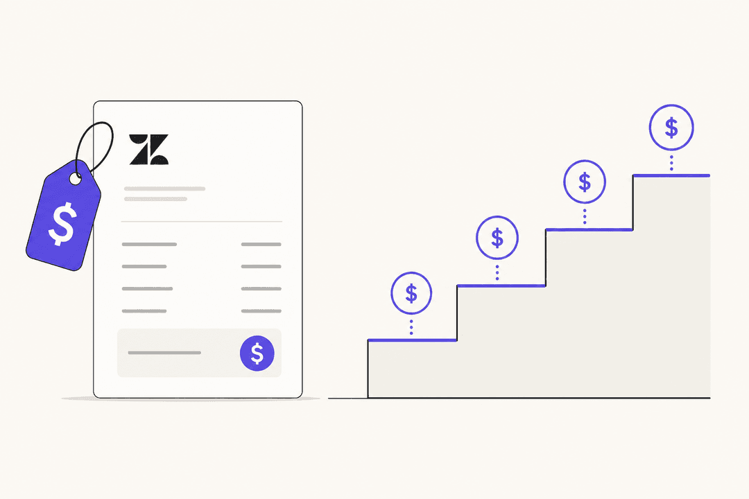 Zendeskの料金コスト内訳のイラスト:最低費用の階段構造を示す図