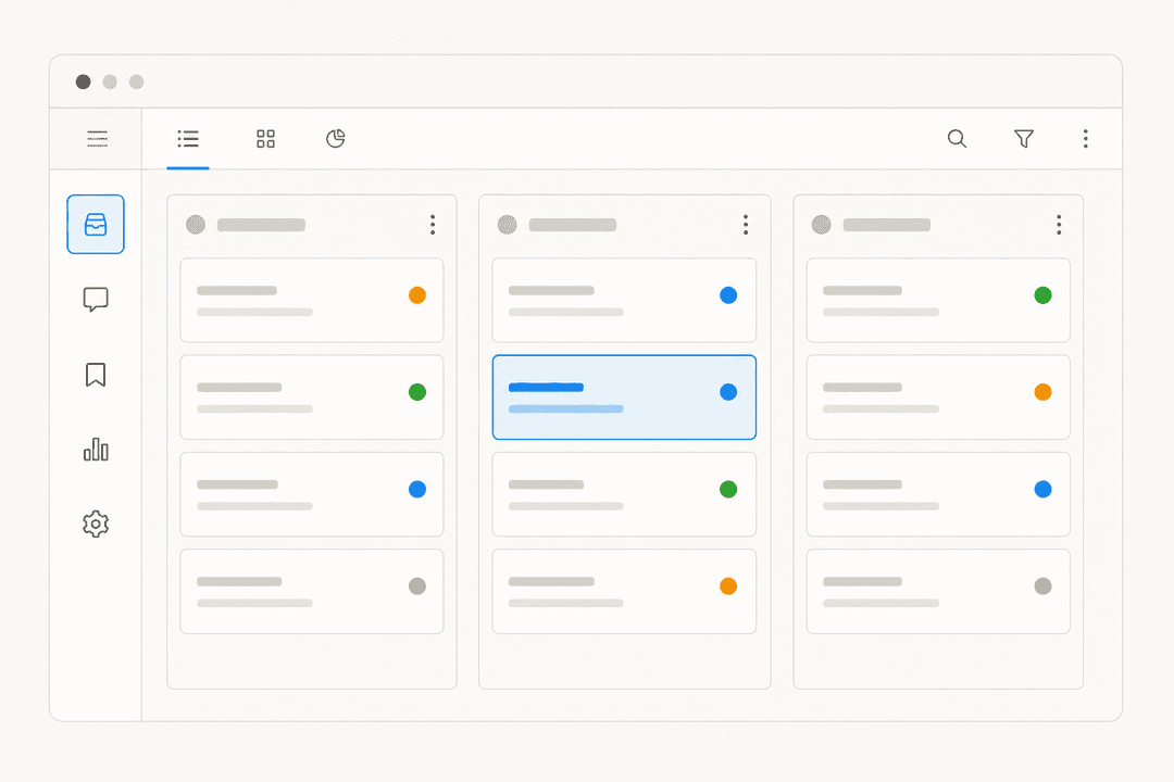 Stylized IT service desk ticket queue with categorized columns for incidents, requests, and changes
