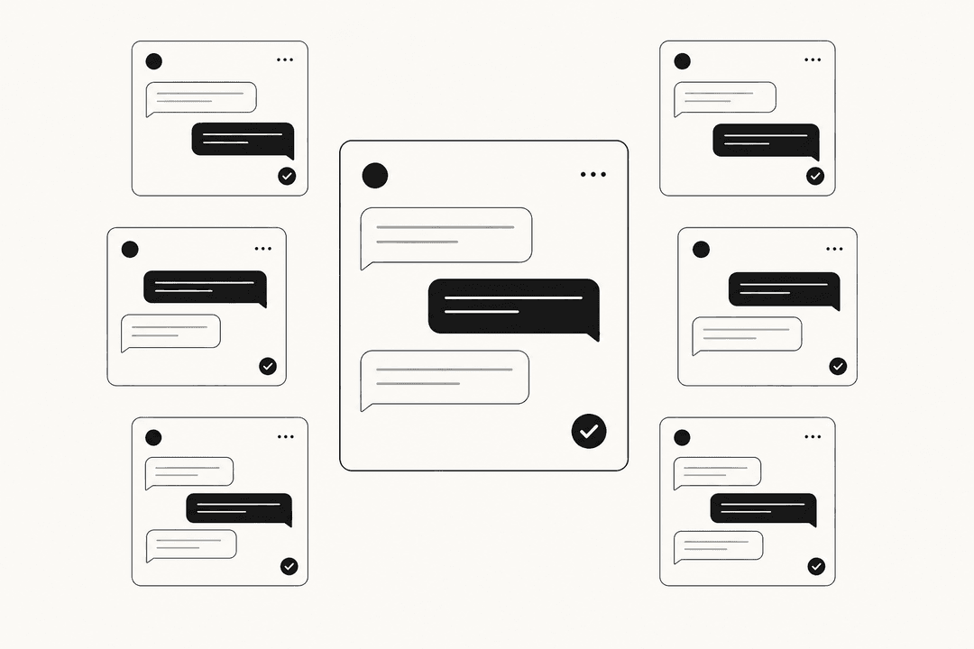 Sieben schwebende Chat-Interface-Karten, die Tidio Lyro Alternativen repräsentieren