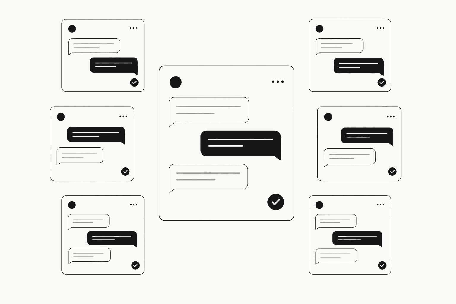 Sieben schwebende Chat-Interface-Karten, die Tidio Lyro Alternativen repräsentieren