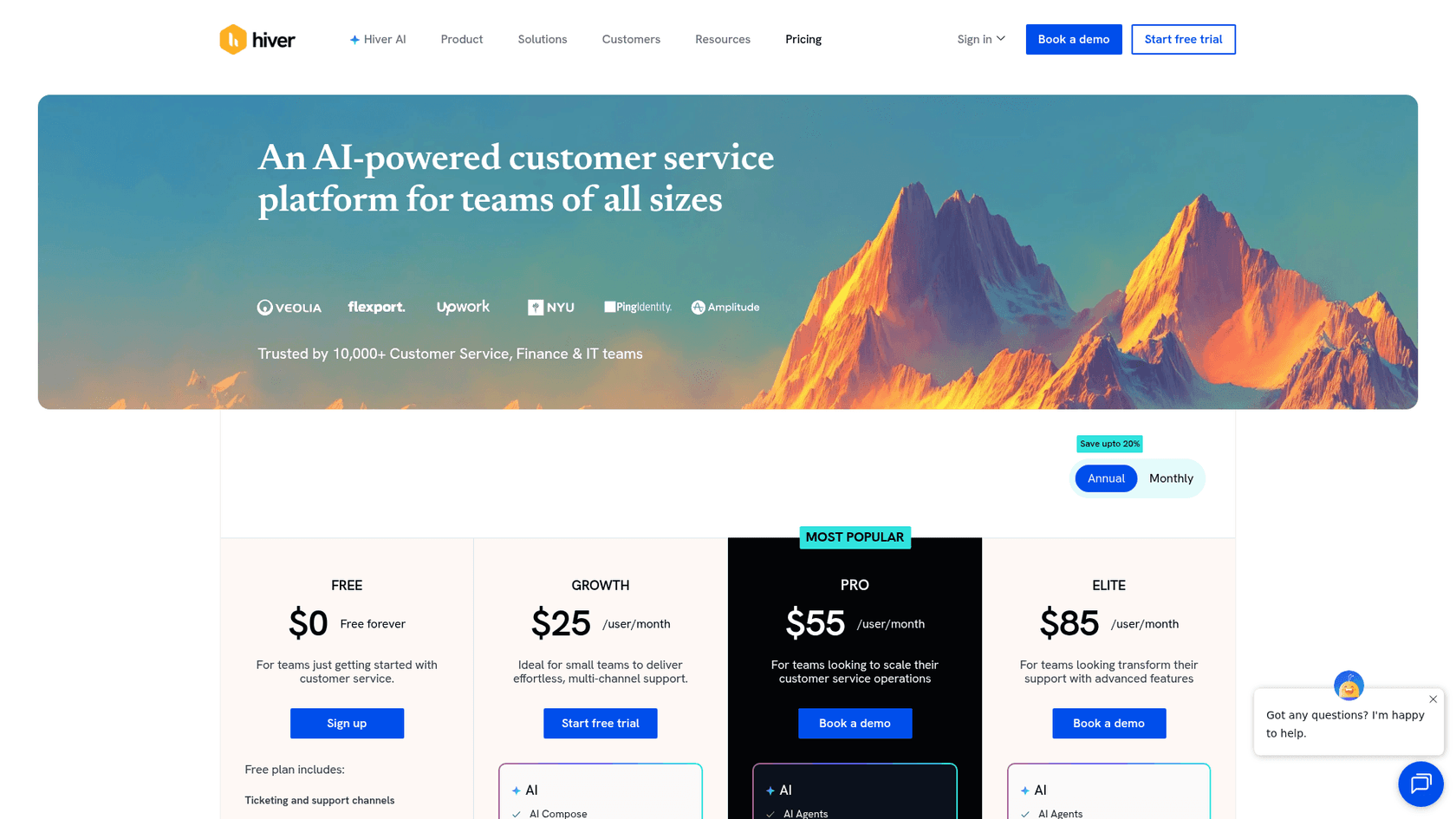 Hiver pricing page - Free, Growth, Pro, Elite plans