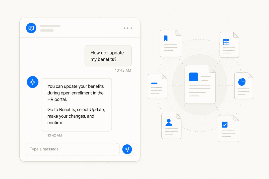 A clean workplace chat interface showing an employee question with an instant AI reply, surrounded by floating document icons representing a connected company knowledge base