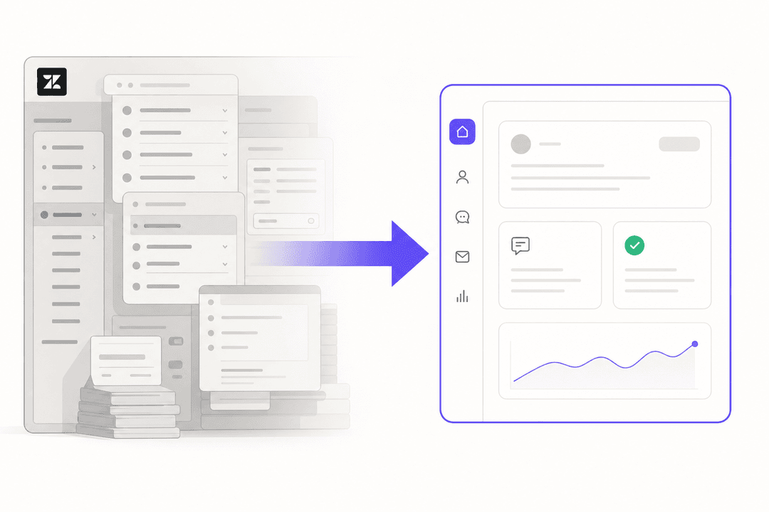 Gráfico de seta direcional representando a migração do Zendesk para uma nova plataforma de helpdesk