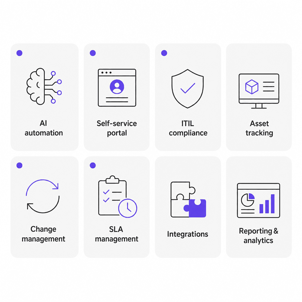 Cloud ITSM key features checklist: AI automation, self-service portal, ITIL compliance, asset tracking, change management, SLA management, integrations, reporting and analytics