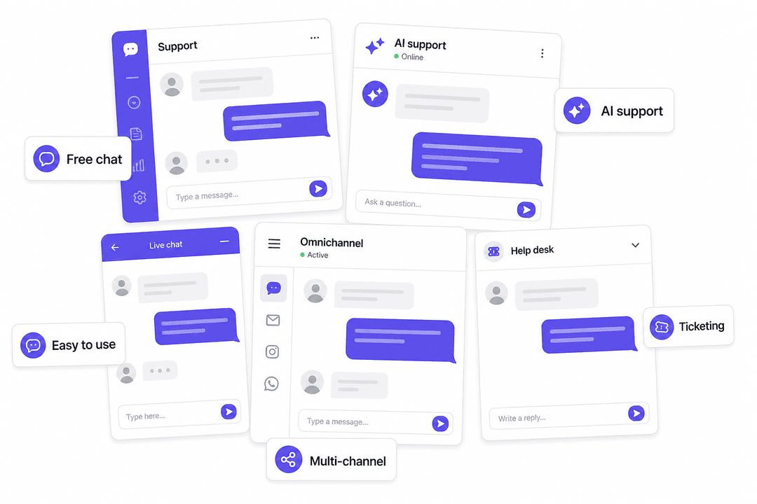 Múltiplos painéis de interface de chat ao vivo representando diferentes alternativas ao tawk.to