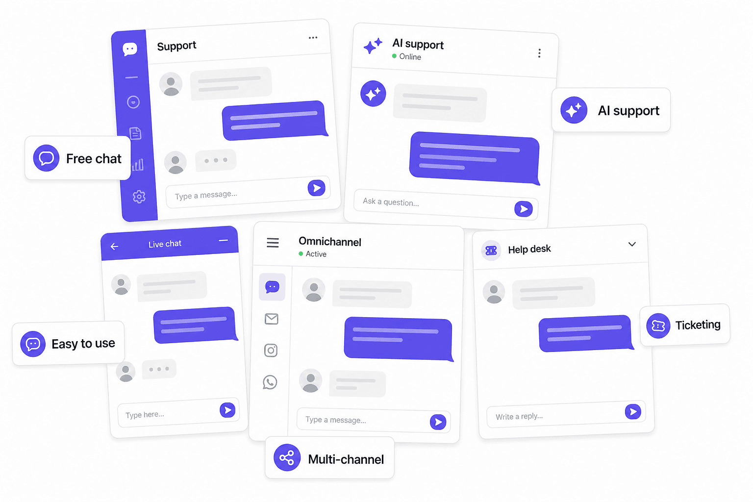 Múltiplos painéis de interface de chat ao vivo representando diferentes alternativas ao tawk.to