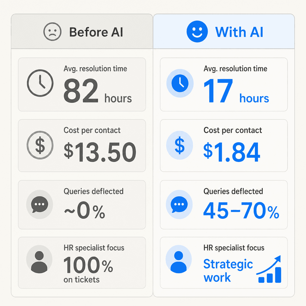 Before and after AI HR helpdesk: resolution time, cost per contact, and deflection rate compared