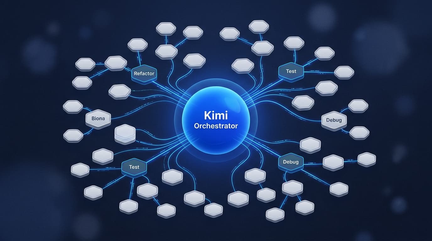 Kimiエージェント・スウォームは、中央オーケストレーターを活用し、複雑で並列的なコーディングタスクのために最大100個のサブエージェントを管理します。