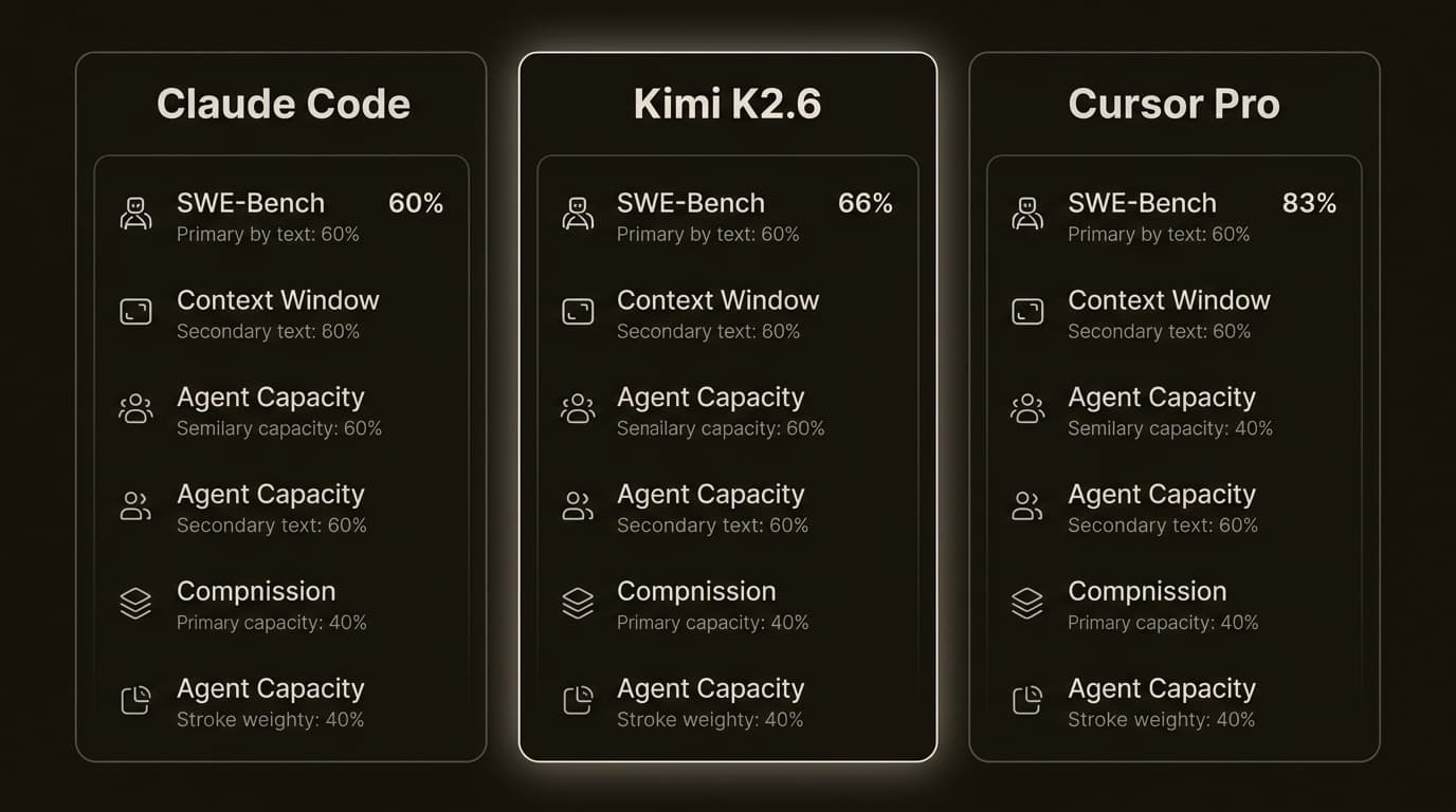 Kimi K2.6は業界リーダーであるClaudeやCursorと肩を並べ、コンテキストウィンドウとエージェントの規模で先頭を走っています。