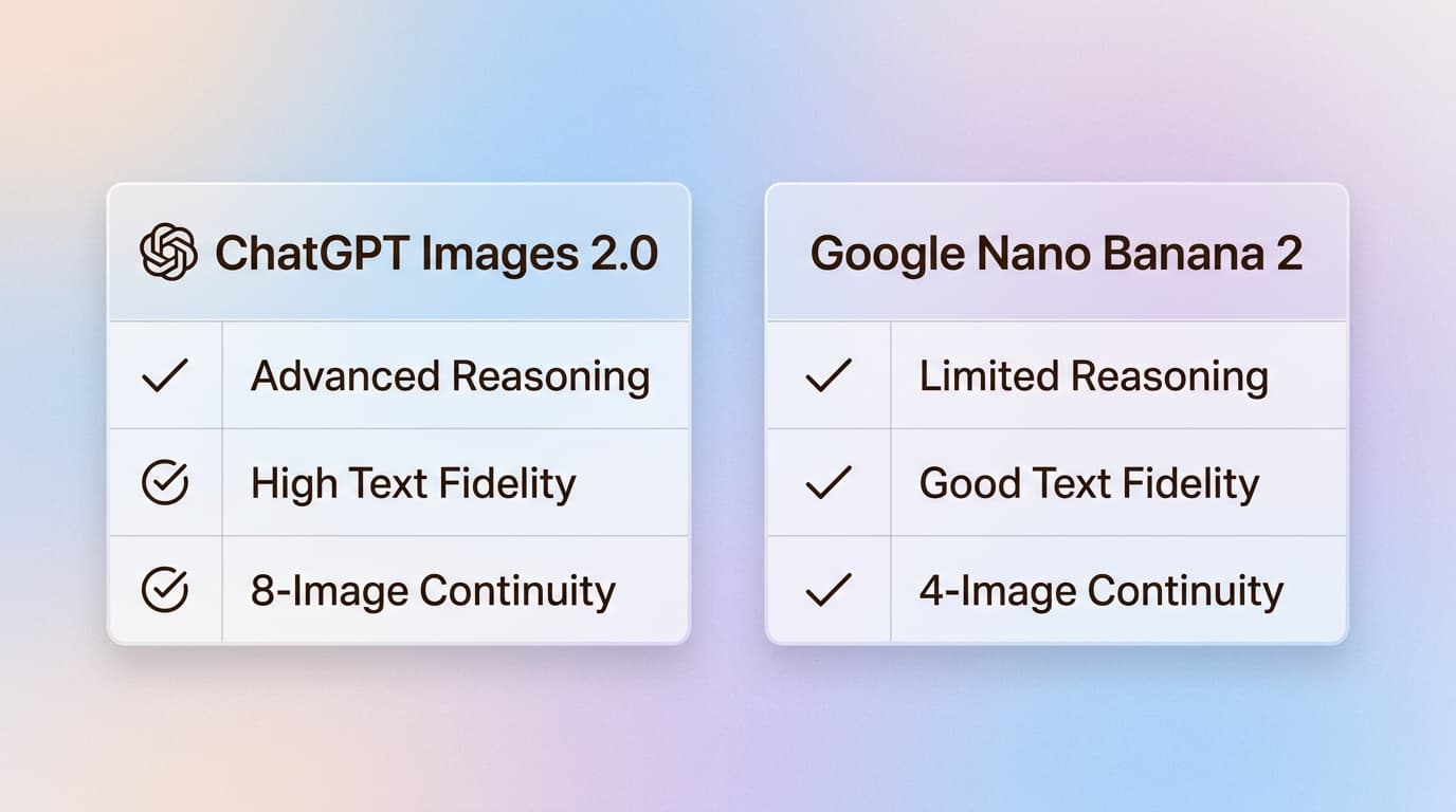 Una comparación directa destaca el liderazgo de ChatGPT Images 2.0 en razonamiento complejo y consistencia de múltiples imágenes sobre sus competidores.