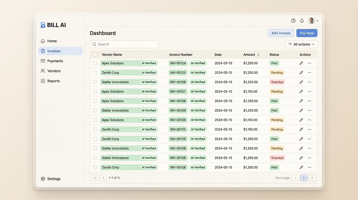 A IA do BILL utiliza machine learning para extrair e verificar automaticamente os dados de faturas complexas de fornecedores, eliminando a introdução manual.