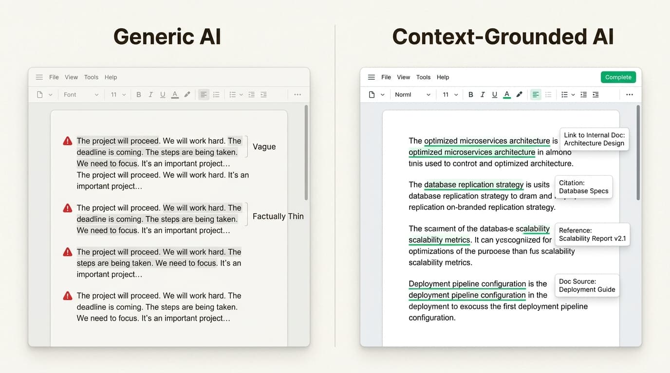 Context-grounded AI eliminates revision debt by generating specific, fact-checked content instead of generic fluff.