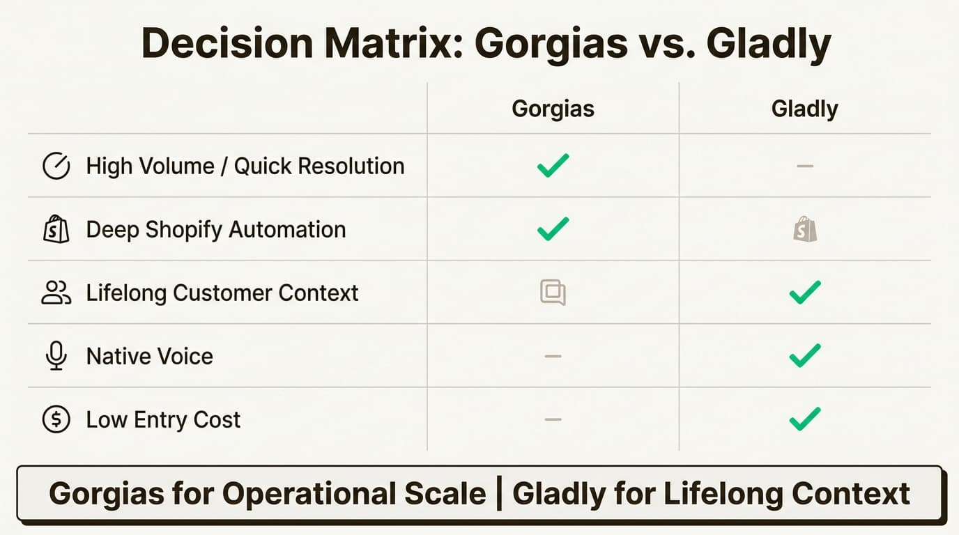 Esta matriz de decisão ajuda as marcas a determinar se precisam da velocidade operacional do Gorgias ou da profundidade de relacionamento do Gladly.