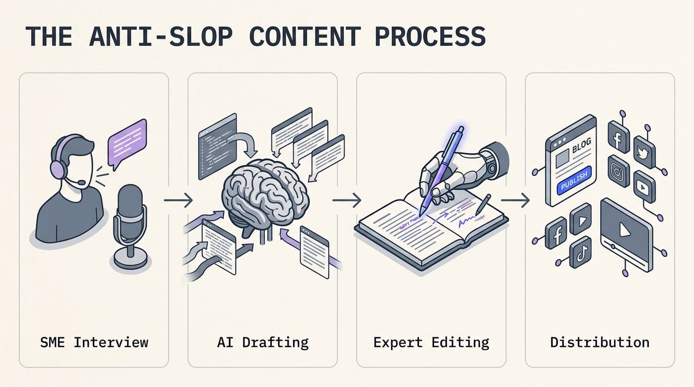 The anti-slop workflow prioritizes human expertise at the start and end of the process to maintain brand integrity and depth.