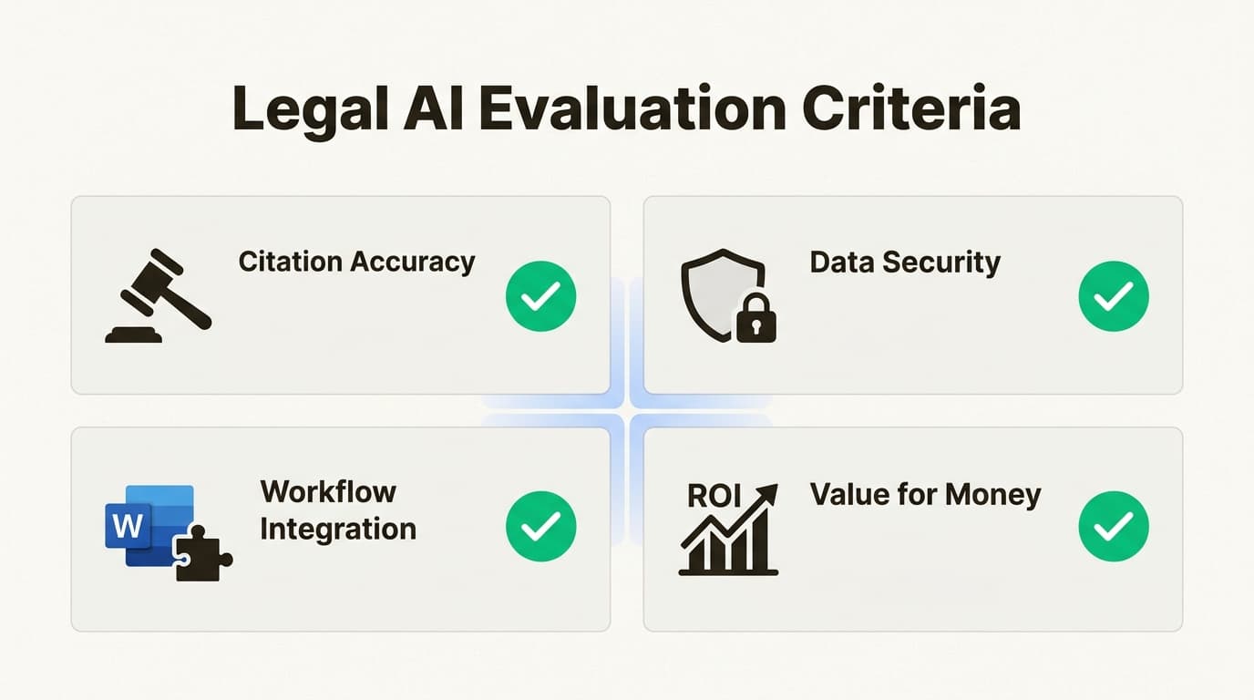 Critères d'évaluation clés pour le choix des outils d'IA juridique en 2026.