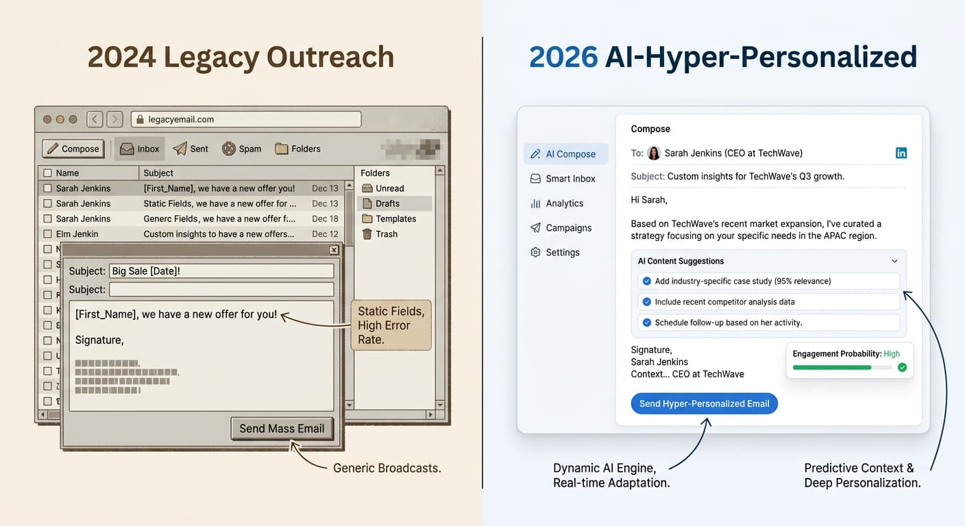 2024 legacy outreach vs 2026 AI-hyper-personalized cold email: 1% reply rate vs 15% reply rate.