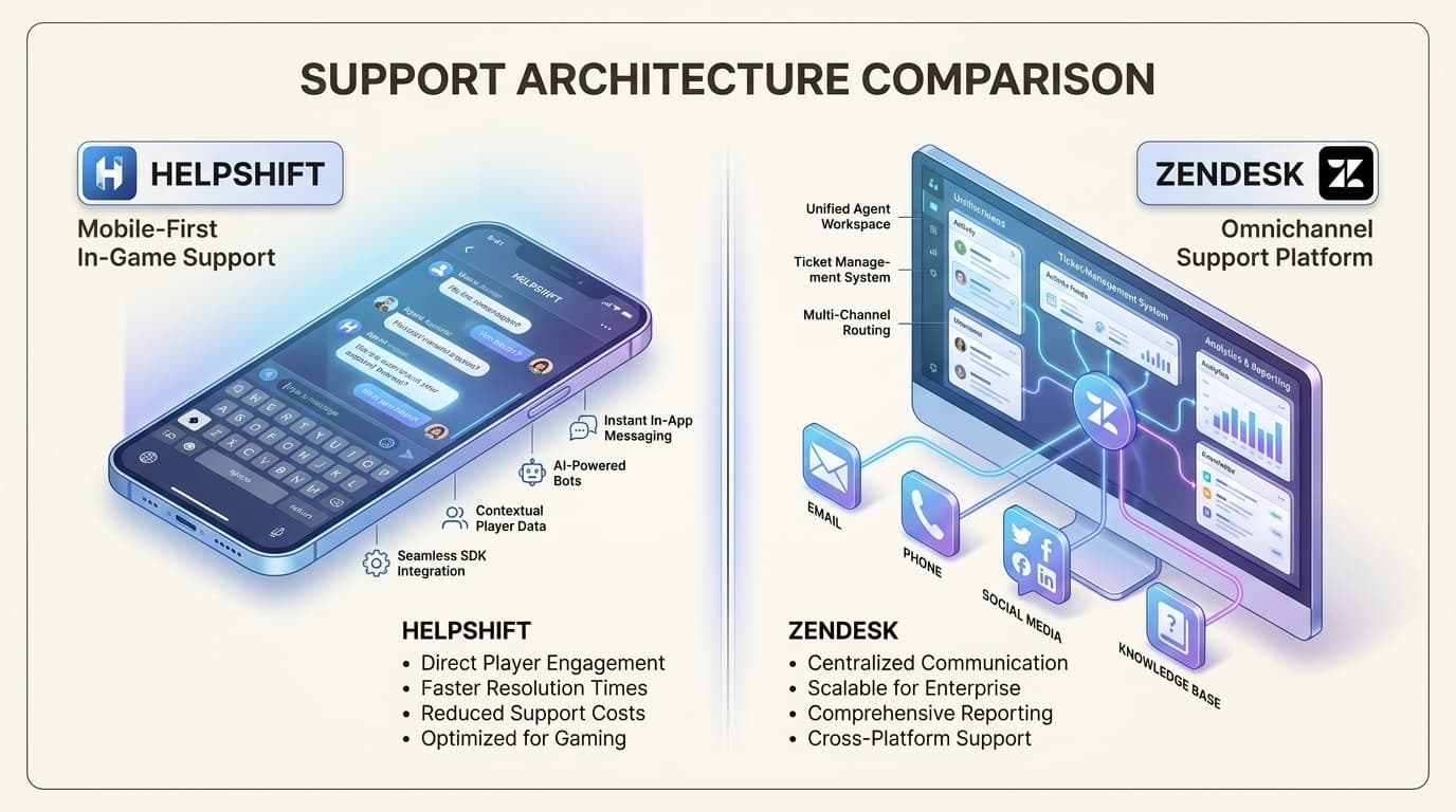 Helpshift prioritizes seamless in-game experiences, while Zendesk centralizes communication across every digital channel.