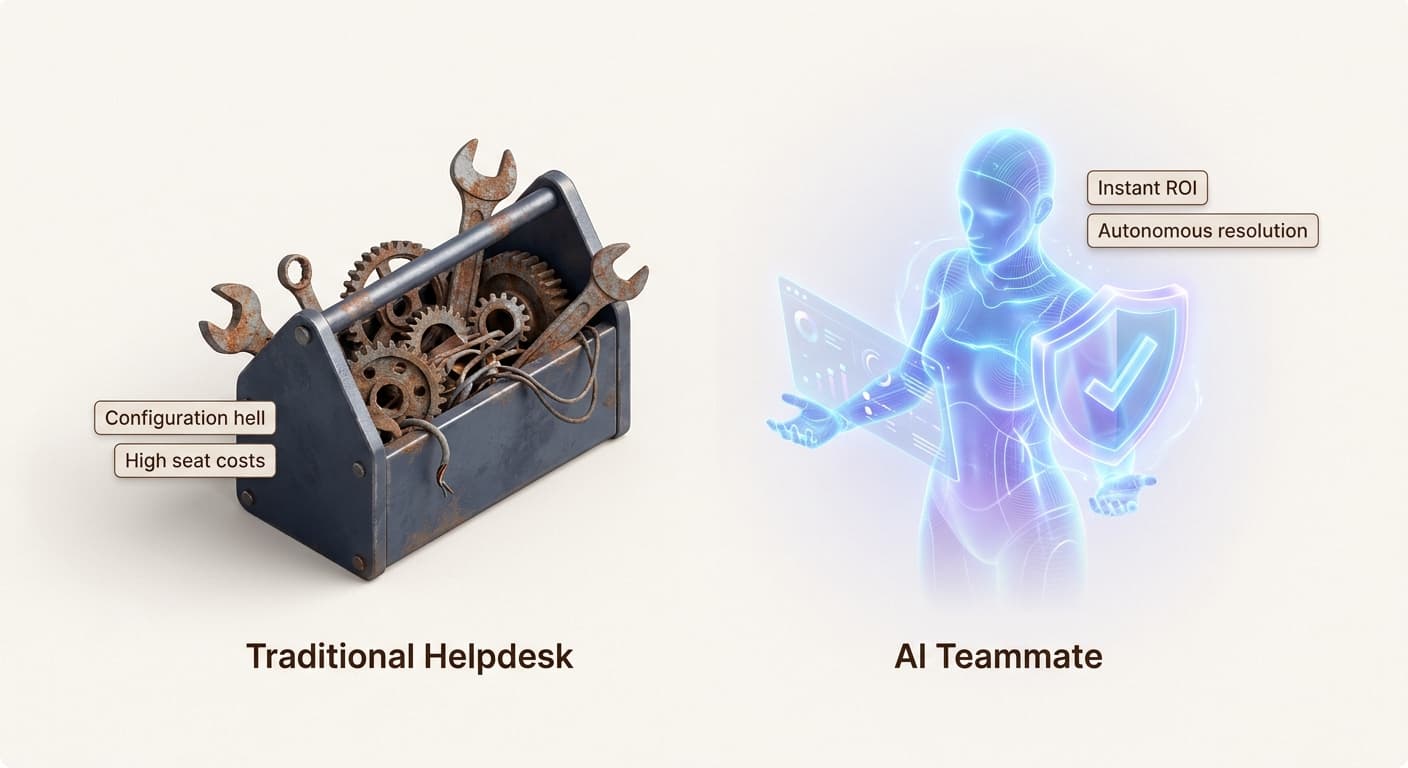 The evolution of customer support: moving from complex manual tools to autonomous AI teammates.