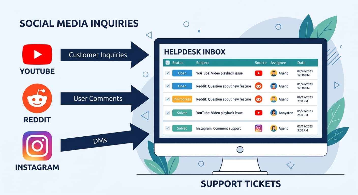 Un helpdesk omnicanal pour les entreprises de médias regroupe les demandes de l'audience provenant de YouTube, Reddit et Instagram dans une boîte de réception de support unique et unifiée
