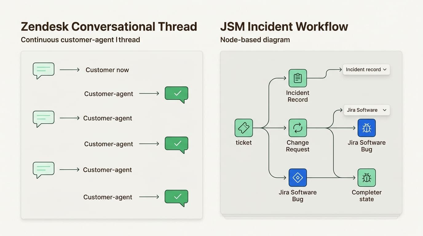 Zendesk’s linear conversational model contrasts with JSM’s structured, multi-layered technical workflows.