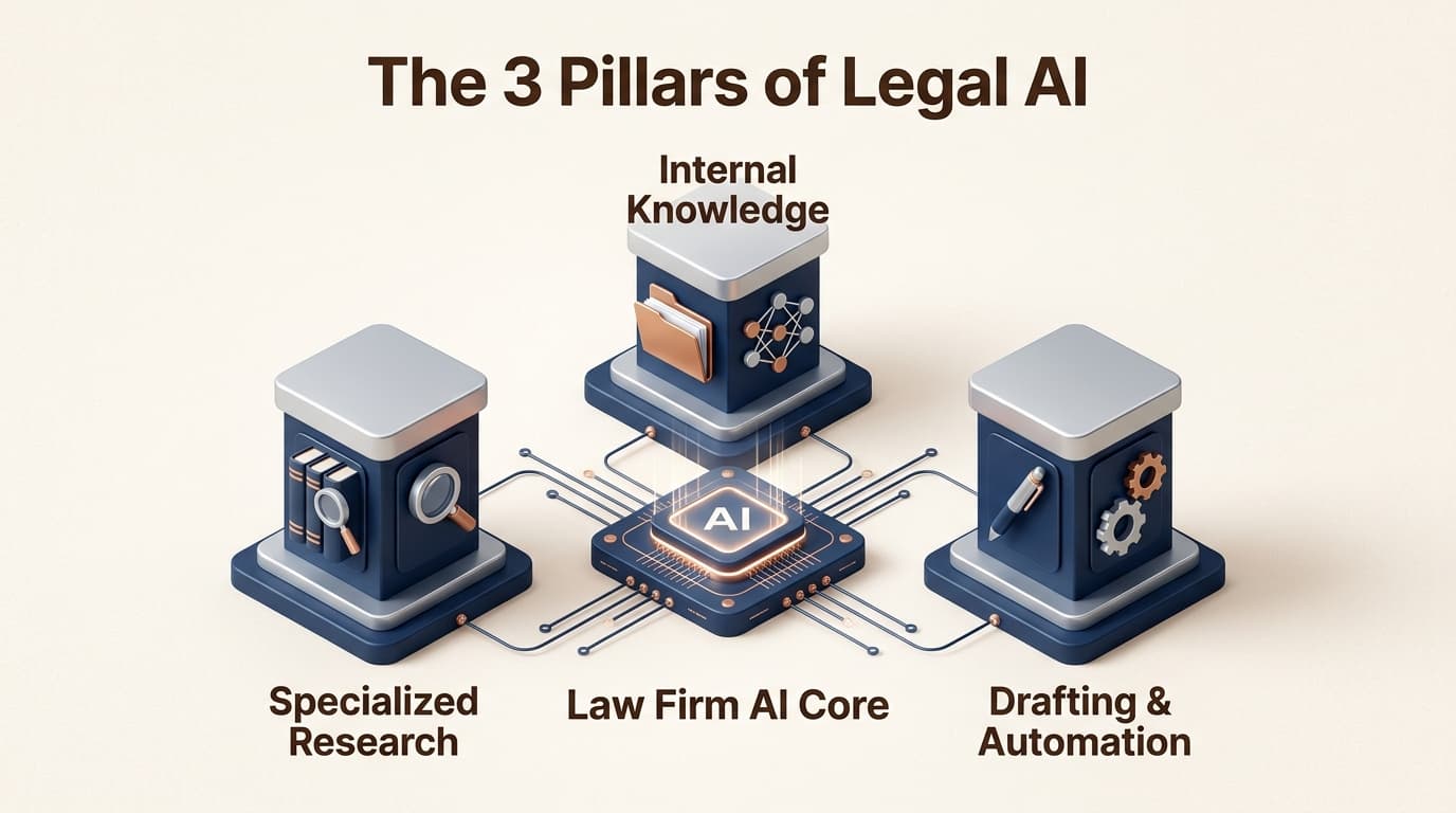 Les trois piliers essentiels d'une pile technologique IA juridique moderne en 2026.