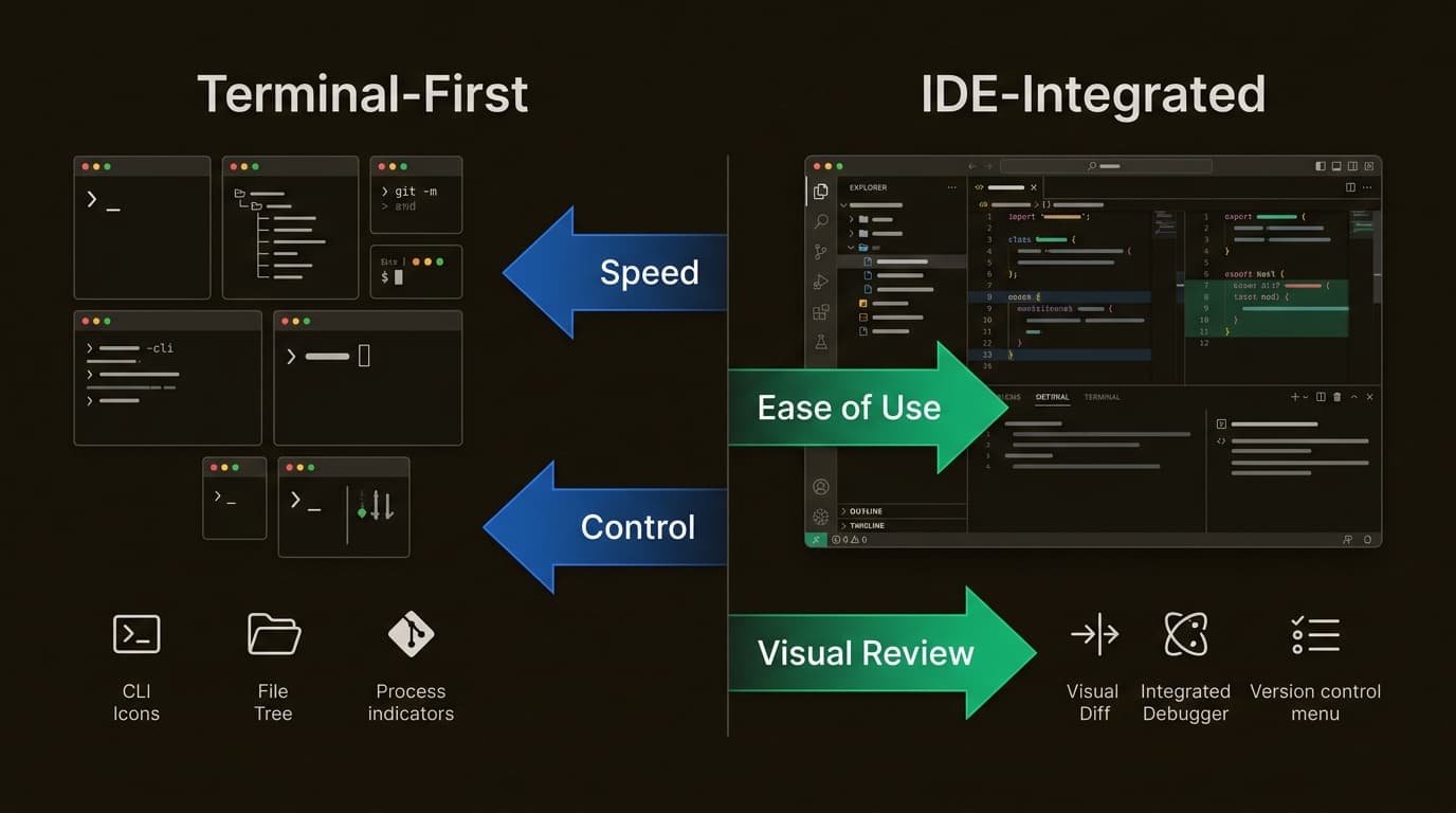 AIコーディングのワークフローは、ターミナルでの詳細な制御と直感的なビジュアルインターフェースの間でトレードオフの関係にあります。
