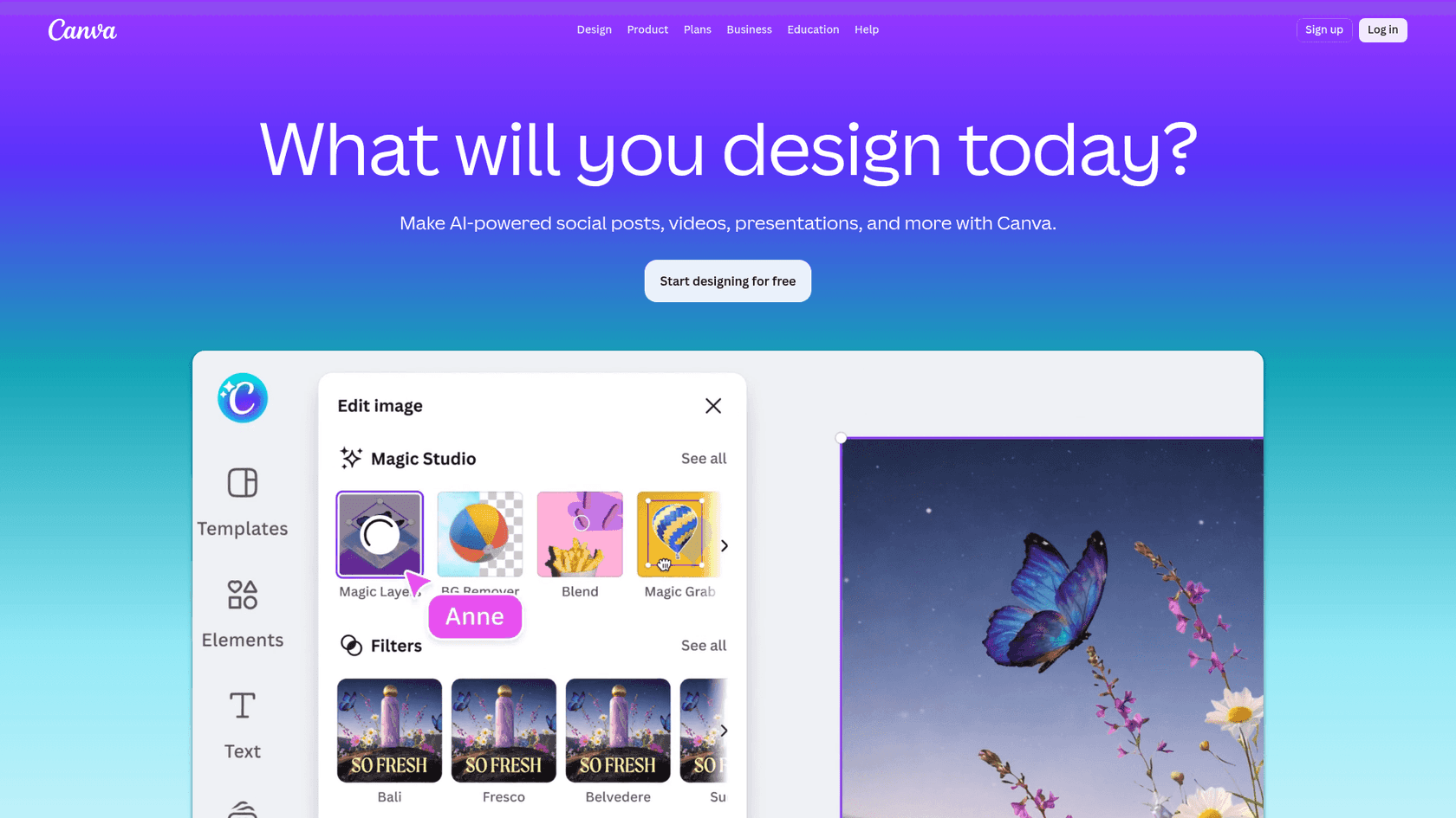 Una captura de pantalla de la página de inicio de Canva.