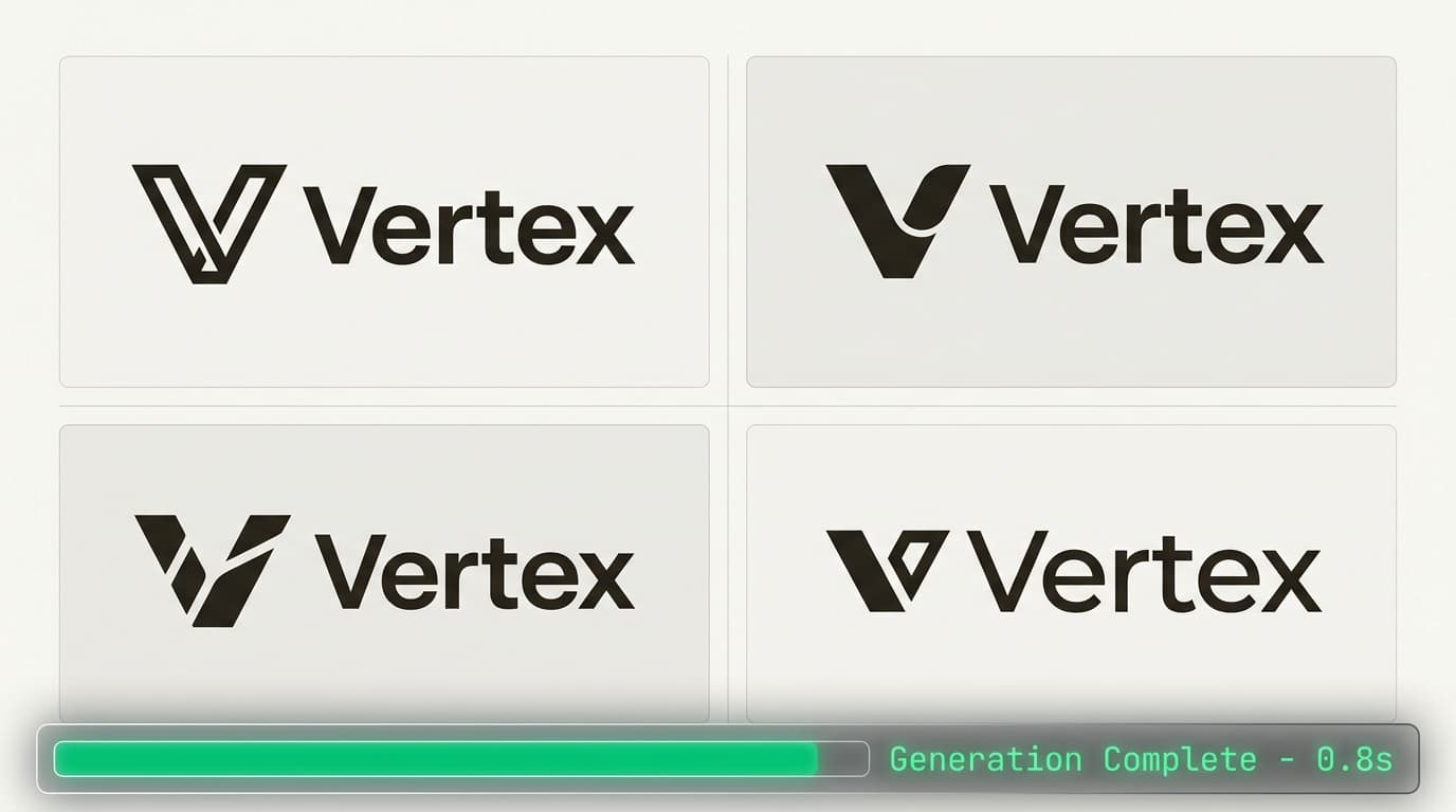 Une grille professionnelle 2x2 présentant l'évolution rapide d'un logo de marque. Chaque quadrant présente une variante distincte d'un logo en « V » minimaliste et géométrique pour une marque nommée « Vertex », avec une typographie nette et précise. L'esthétique est celle d'une technologie d'entreprise haut de gamme, avec un arrière-plan de studio blanc à mise au point douce. En bas du cadre, une interface numérique élégante et translucide affiche une barre de progression cyan lumineuse avec le texte « Generation Complete - 0.8s » dans une police sans empattement moderne.