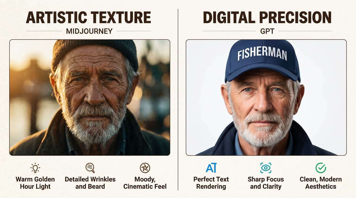 Während Midjourney v7 bei cineastischer Textur und Stimmung führend ist, setzt GPT Image 2 den Standard für Prompt-Treue und perfekte Textdarstellung.