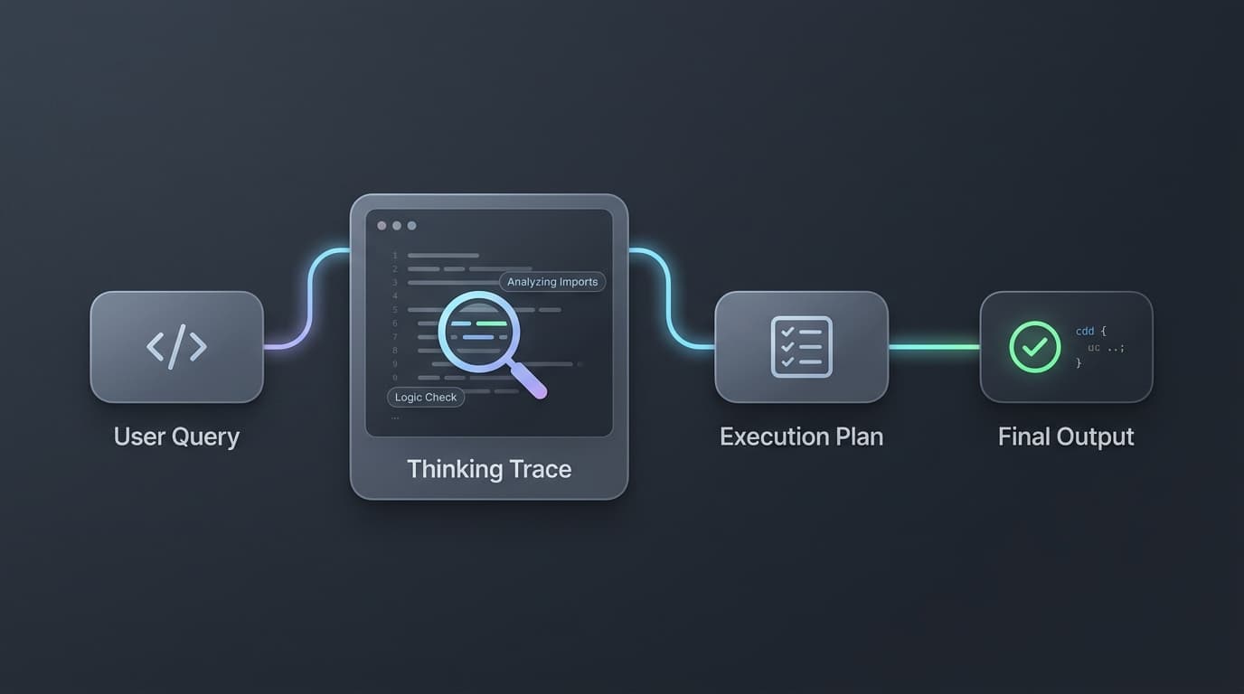 「思考トレース」により、AIが複雑なプログラミングエラーを解決する際のステップバイステップの論理を透明性を持って確認できます。