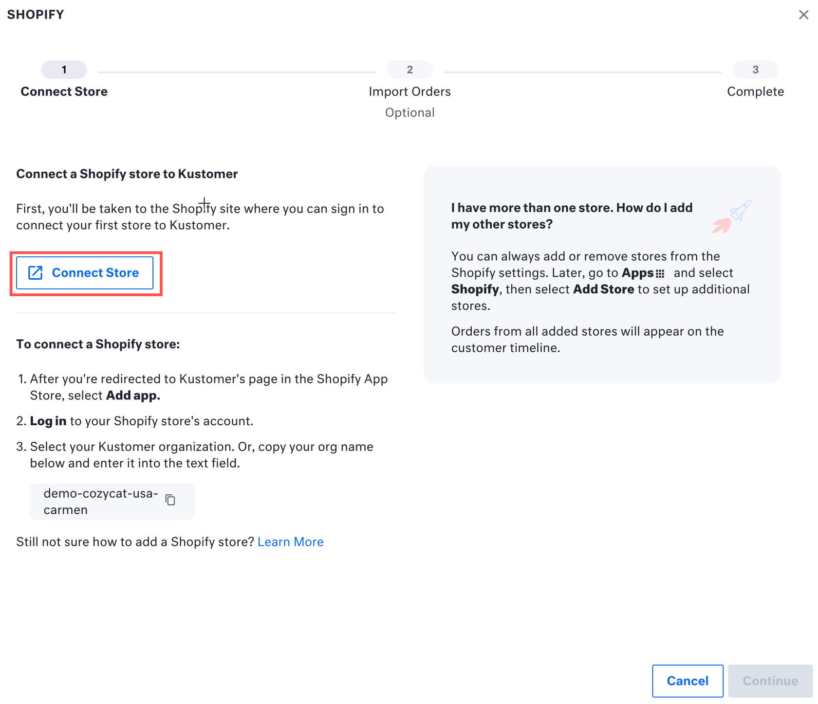 Asistente de configuración de la integración de Kustomer con Shopify que muestra el paso Conectar tienda