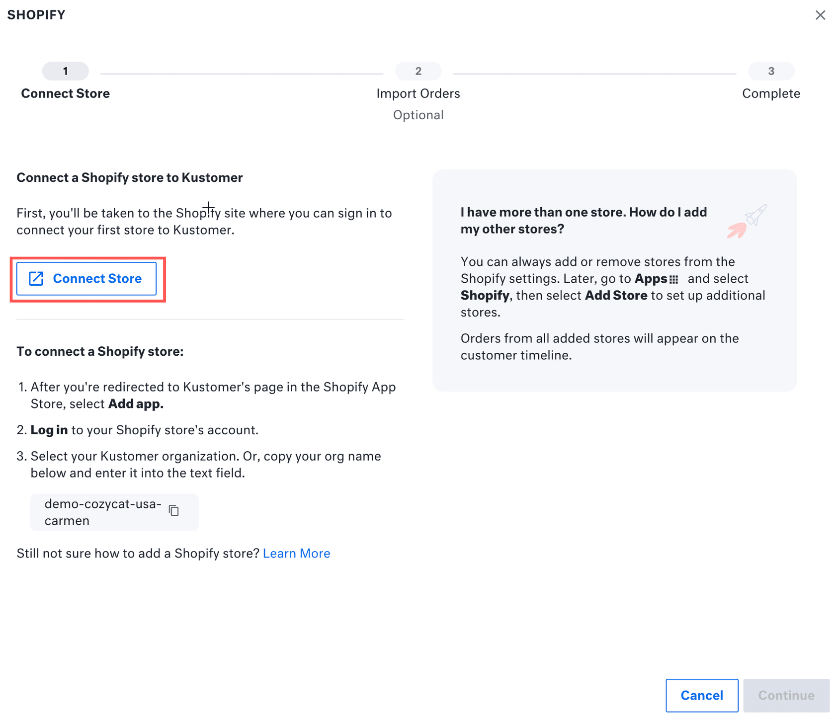 Kustomer Shopify Integration Setup-Assistent, der den Schritt "Shop verbinden" zeigt