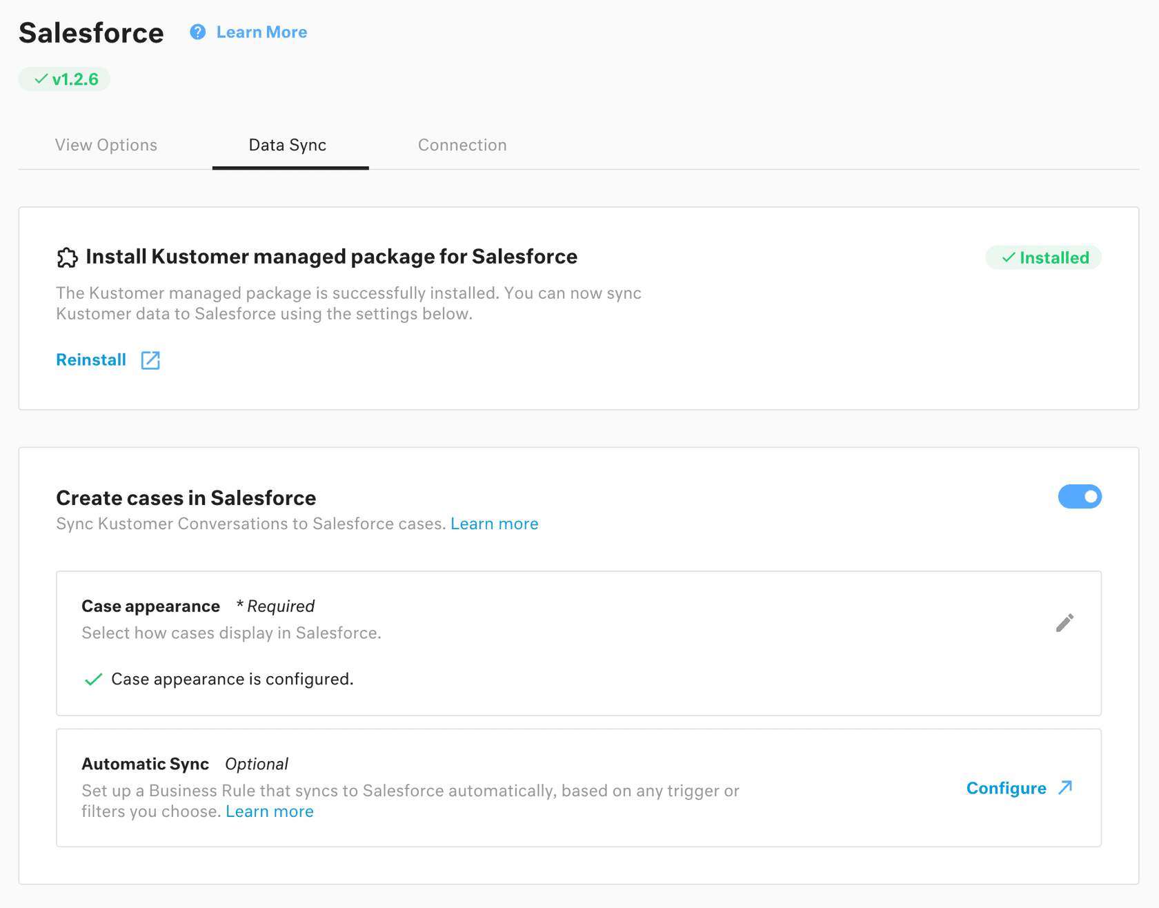 Kustomer App Directory showing the Salesforce integration installation screen with OAuth connection options