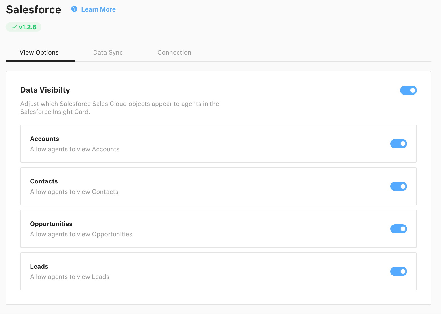 Salesforce Insight Card Konfigurationspanel mit Datensichtbarkeitsoptionen für Accounts, Kontakte, Opportunities und Leads