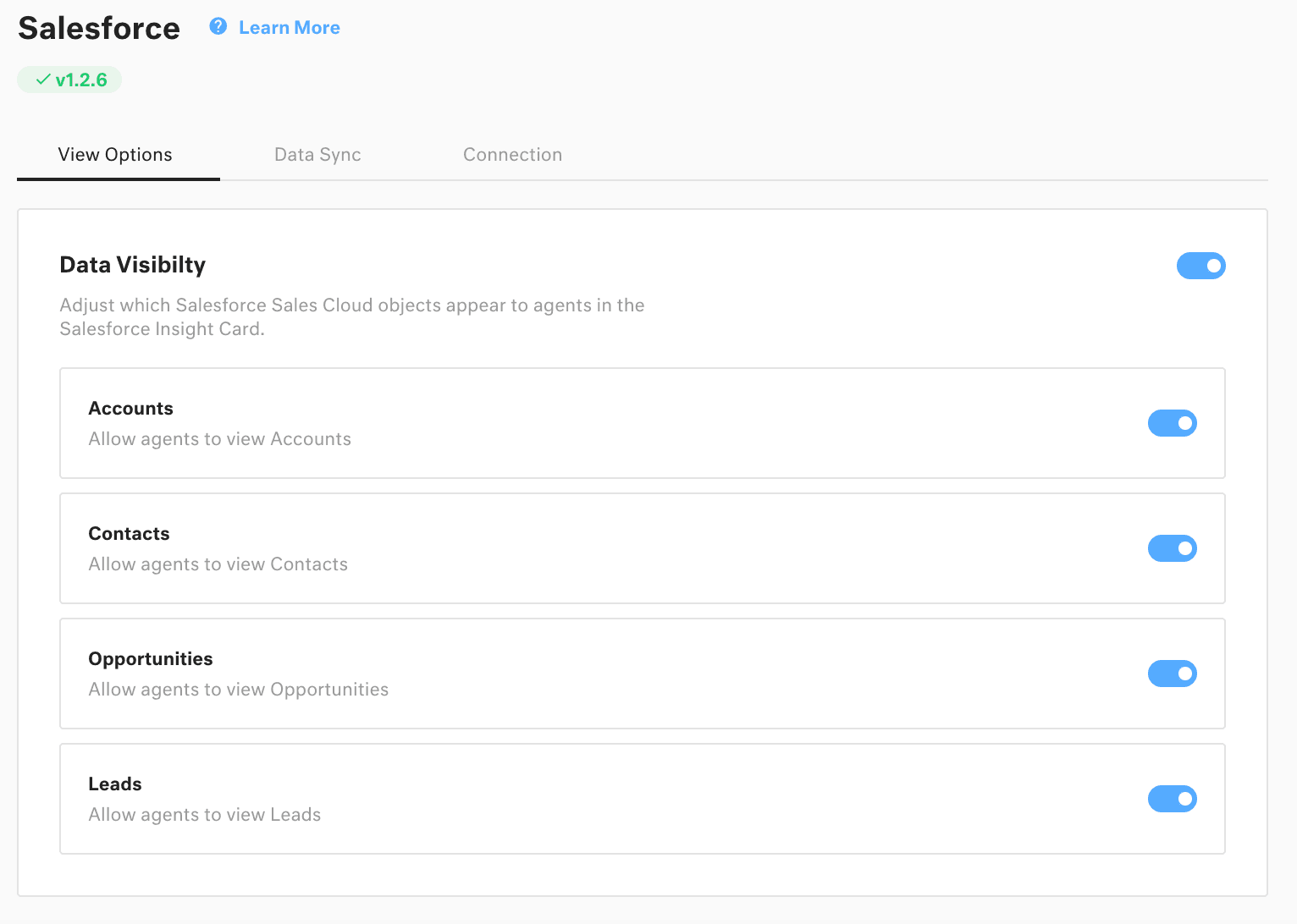 Salesforce Insight Card configuration panel with data visibility options for Accounts, Contacts, Opportunities, and Leads