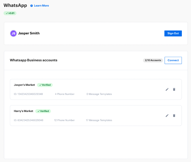WhatsApp Businessアカウント管理インターフェース。接続されたアカウントと、新しい連携のための「接続」ボタンが表示されています。