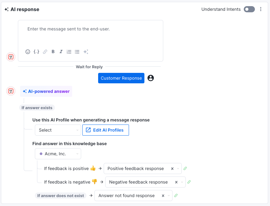 Kustomer KI Antwort Konfigurationspanel mit Knowledge Base Verbindungseinstellungen