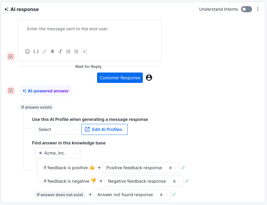 Kustomer AI response configuration panel with knowledge base connection settings