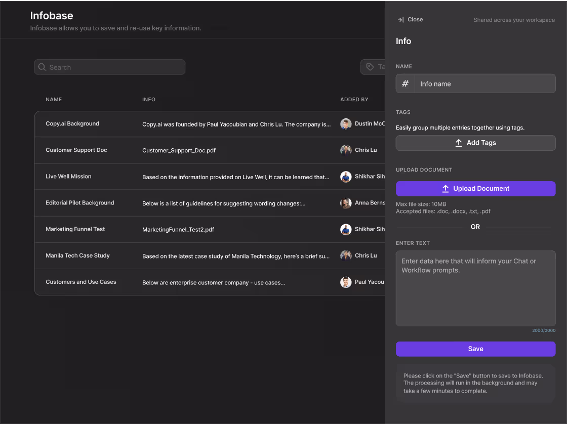Copy.ai Infobase listing saved company documents beside an editor with name, tags, document upload, text, and Save controls