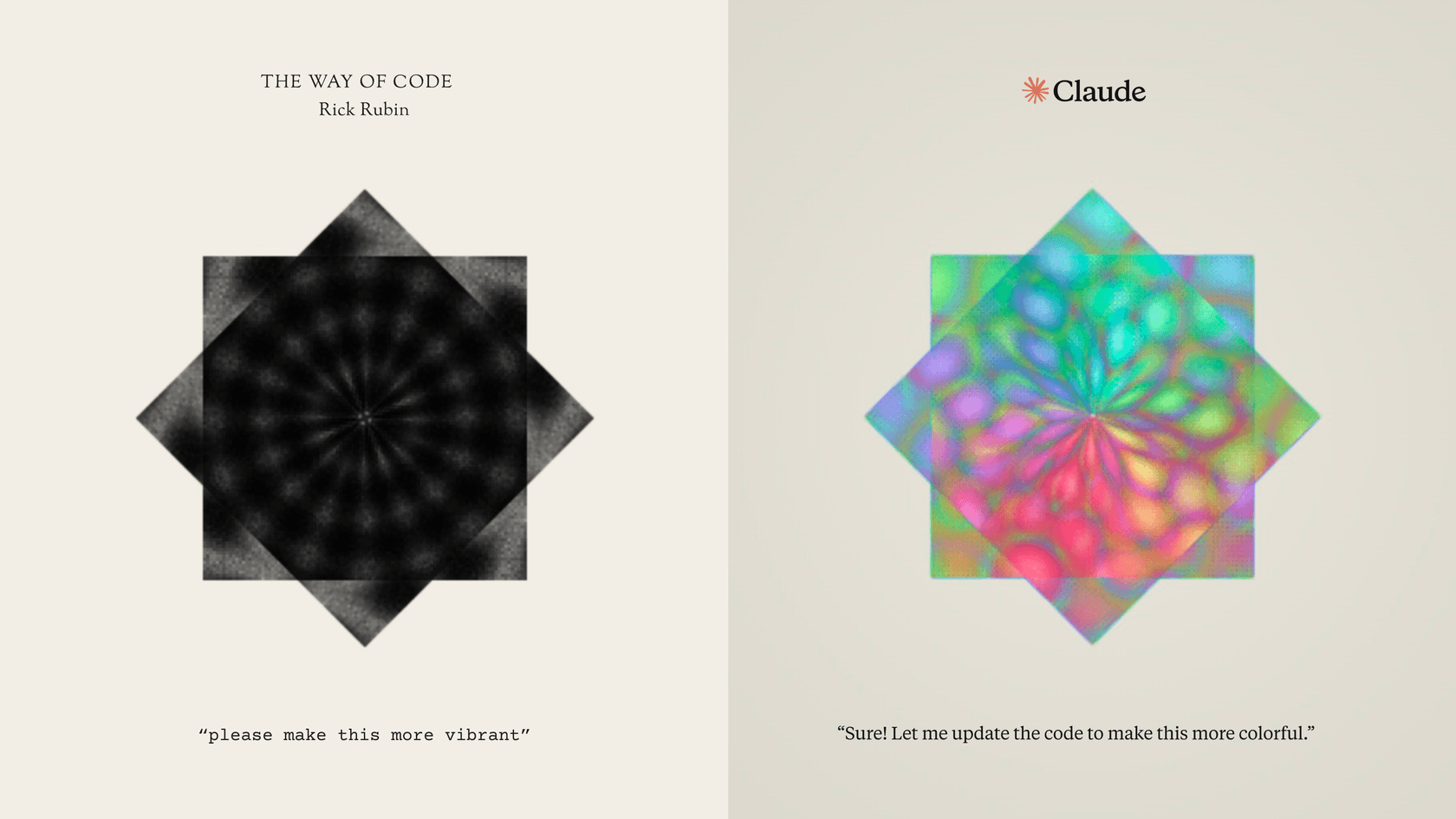 Split black and colorful geometric artwork for The Way of Code by Rick Rubin with Claude.