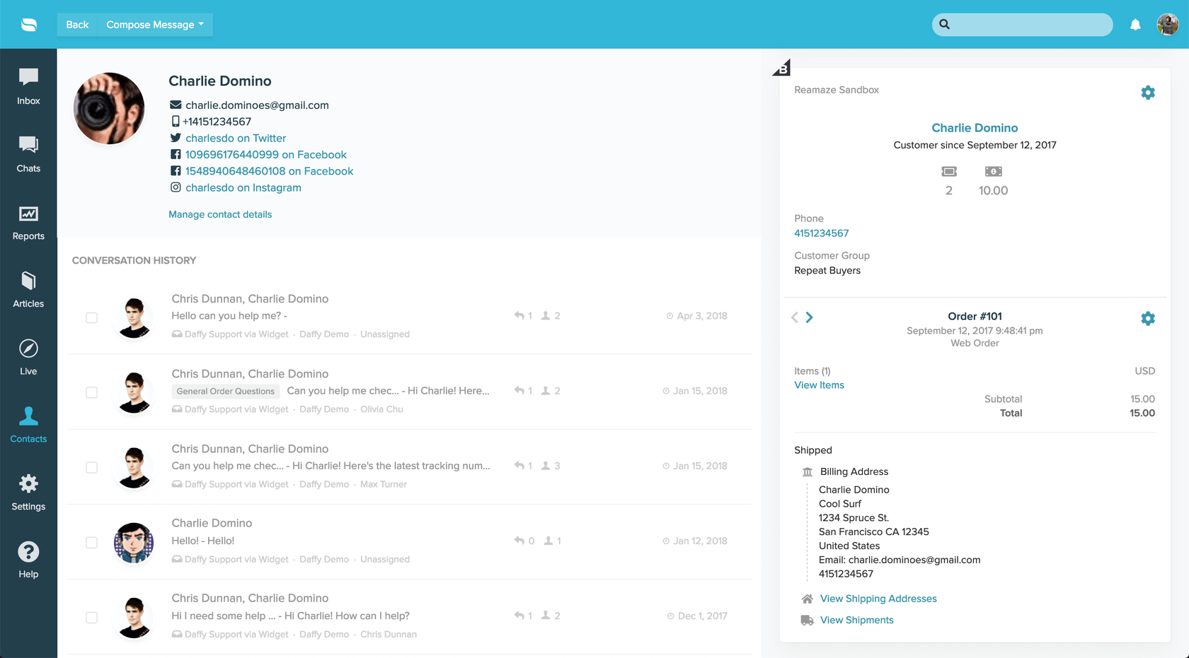 Re:amaze customer profile view with integrated BigCommerce order details and conversation history