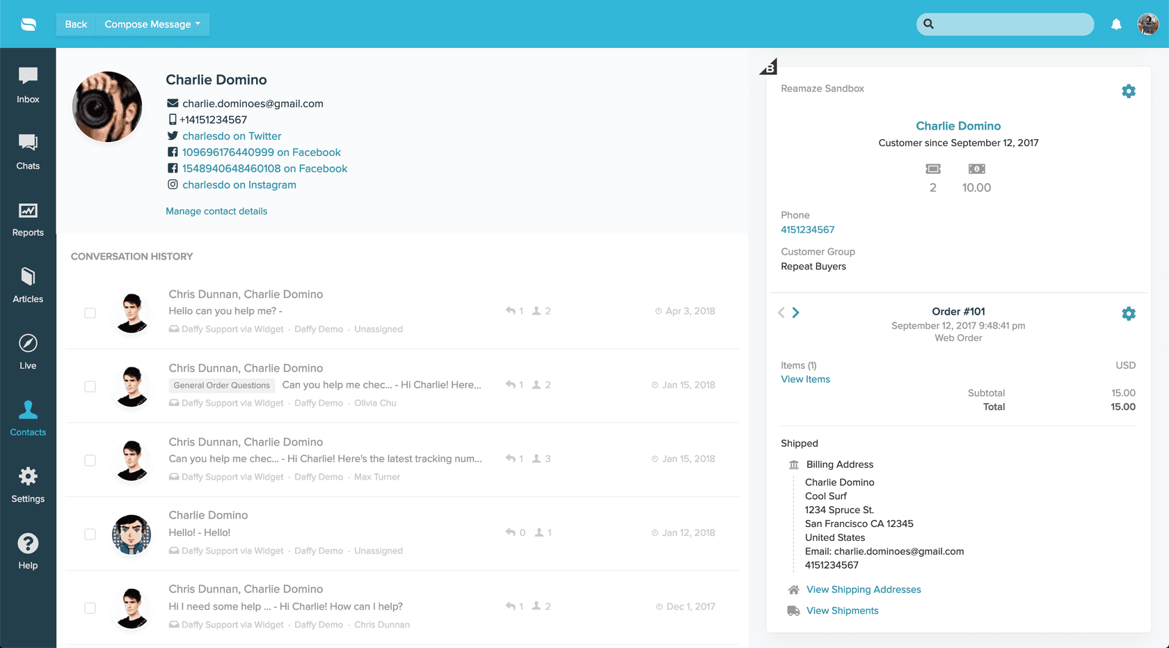 Re:amaze customer profile view with integrated BigCommerce order details and conversation history