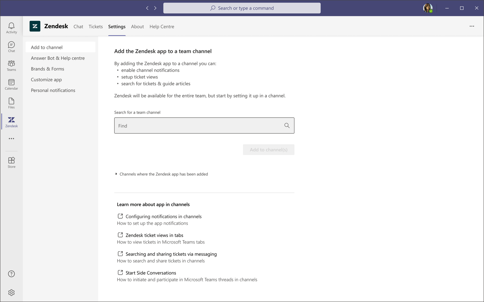 Paramètres de l'application Zendesk dans Microsoft Teams affichant les options de configuration