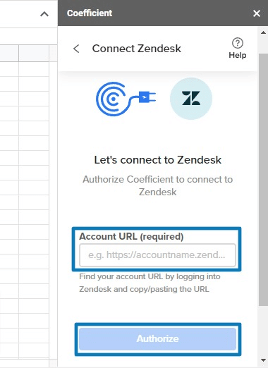 Barra lateral de Coefficient con interfaz de conexión de Zendesk para la autorización de la cuenta