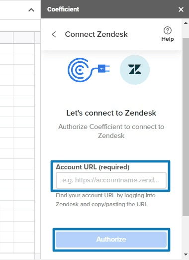 Coefficient sidebar with Zendesk connection interface for account authorization