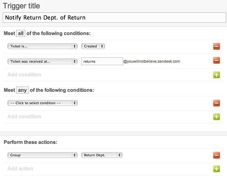 L'interface de configuration des déclencheurs de Zendesk affichant des règles de routage basées sur l'e-mail pour les tickets reçus à une adresse e-mail spécifique, les affectant au groupe « Service des retours ».